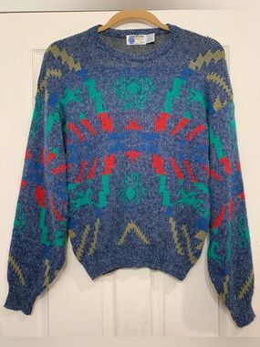 Vintage Grandpa Blue Geometric Pattern Crewneck XL Sweater.           3942Z